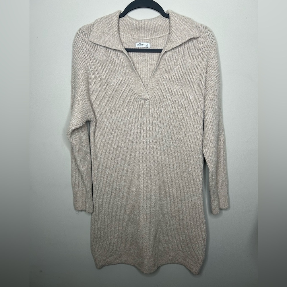 Hollister Co Collared Knit Sweater Jumper Short Mini Long Sleeve V Neck Beige XL - Picture 2 of 10
